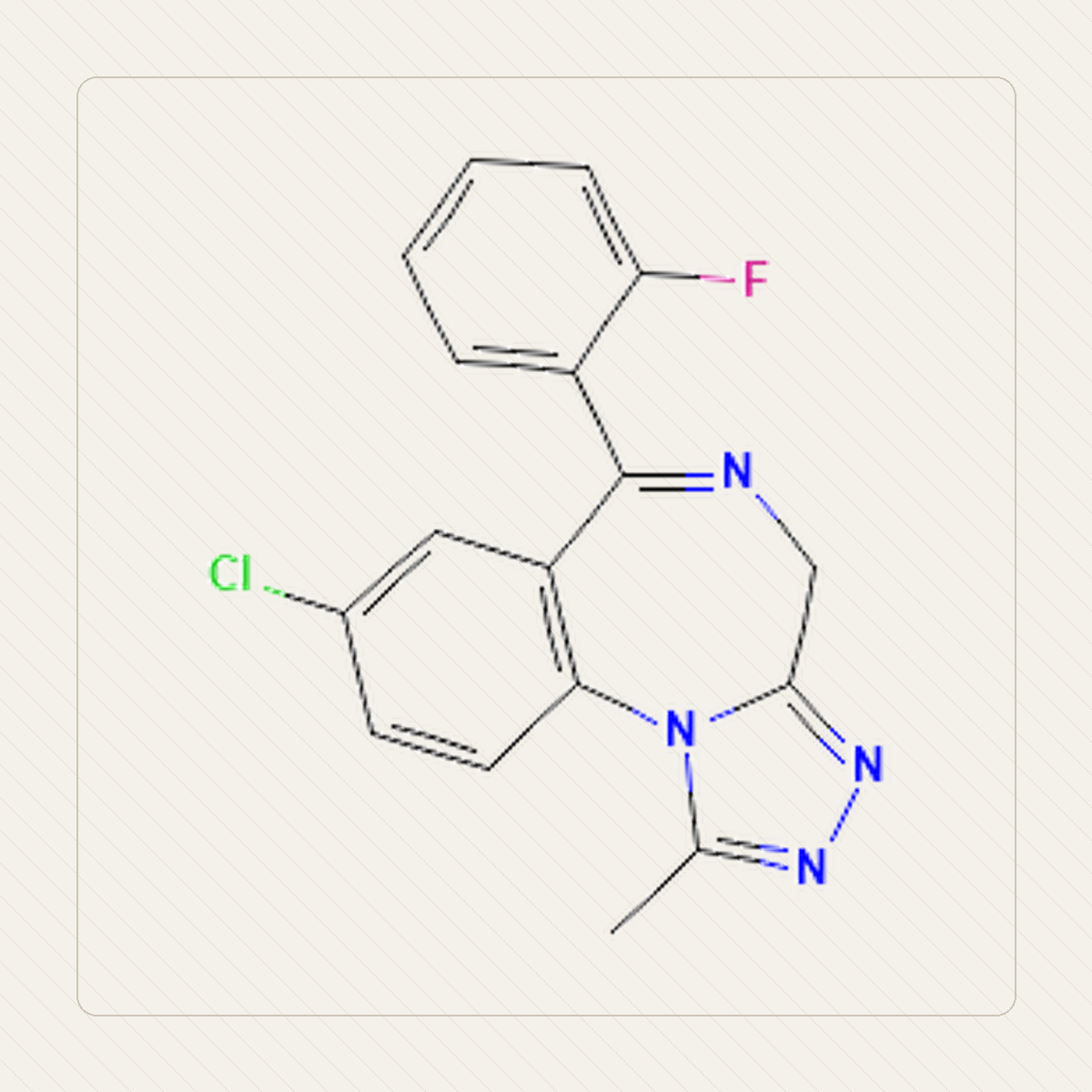 Flualprazolam, výuková ilustrace molekulární struktury